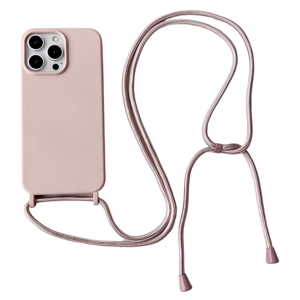For iPhone 13 Pro Max Liquid Silicone Phone Case with Neck Strap Slim Fit Shockproof Cover - Pink