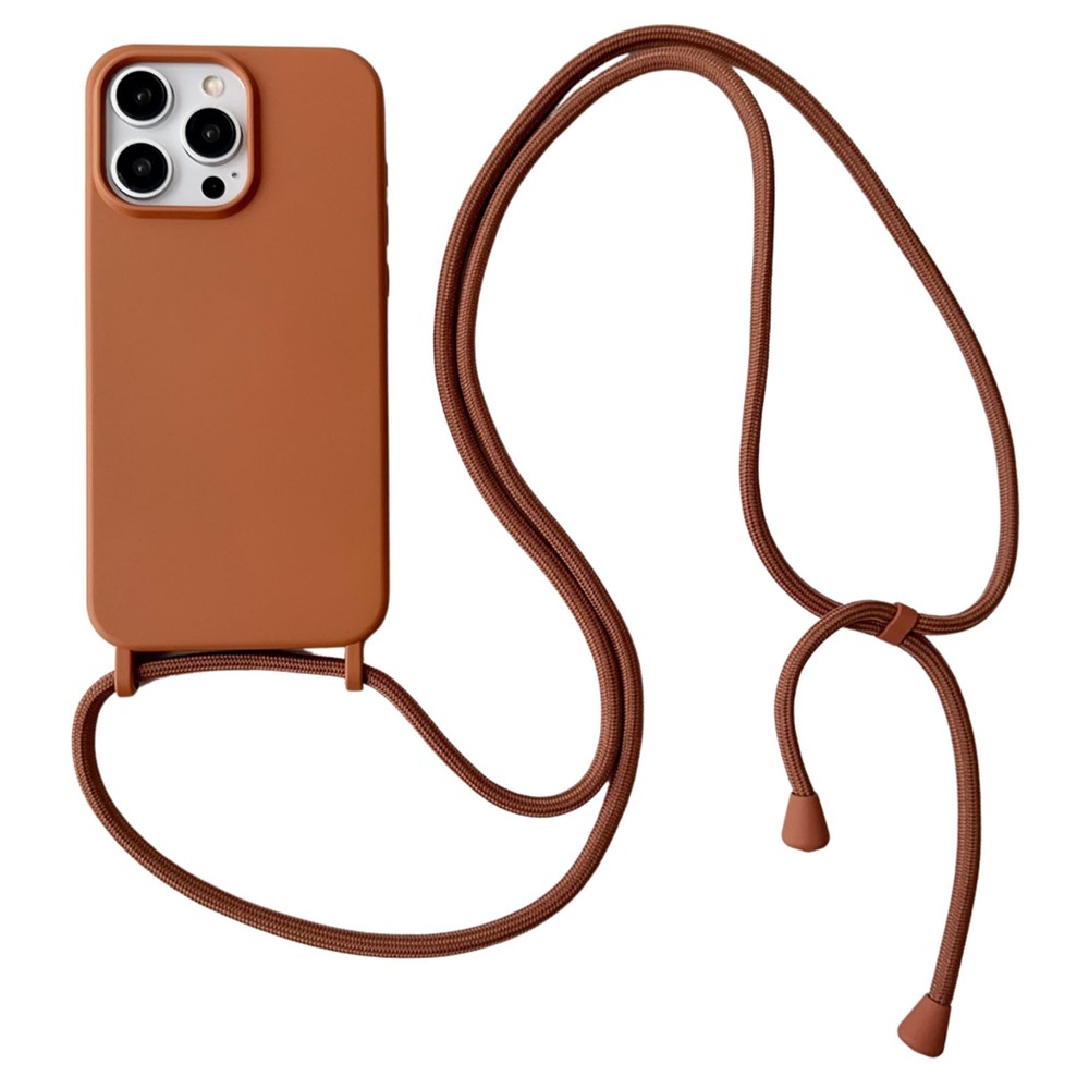 For iPhone 13 Pro Max Liquid Silicone Phone Case with Neck Strap Slim Fit Shockproof Cover - Brown