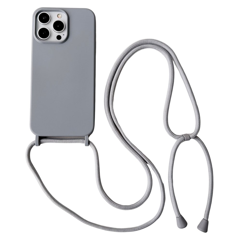 For iPhone 13 Pro Max Liquid Silicone Phone Case with Neck Strap Slim Fit Shockproof Cover - Grey