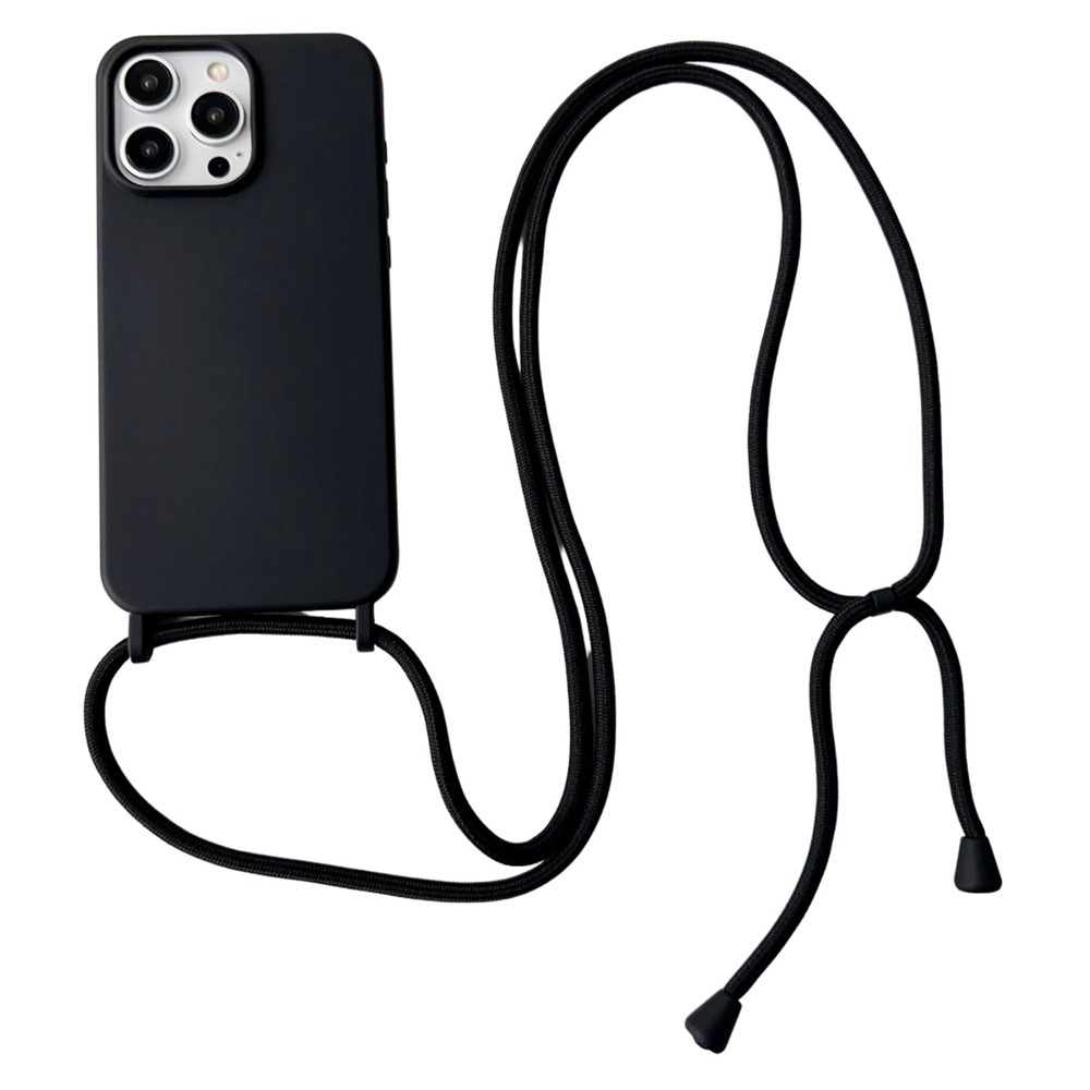 For iPhone 13 Pro Max Liquid Silicone Phone Case with Neck Strap Slim Fit Shockproof Cover - Black