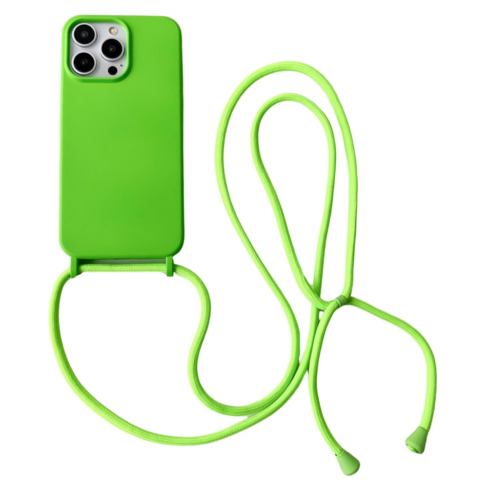 For iPhone 13 Pro Max Liquid Silicone Phone Case with Neck Strap Slim Fit Shockproof Cover - Green