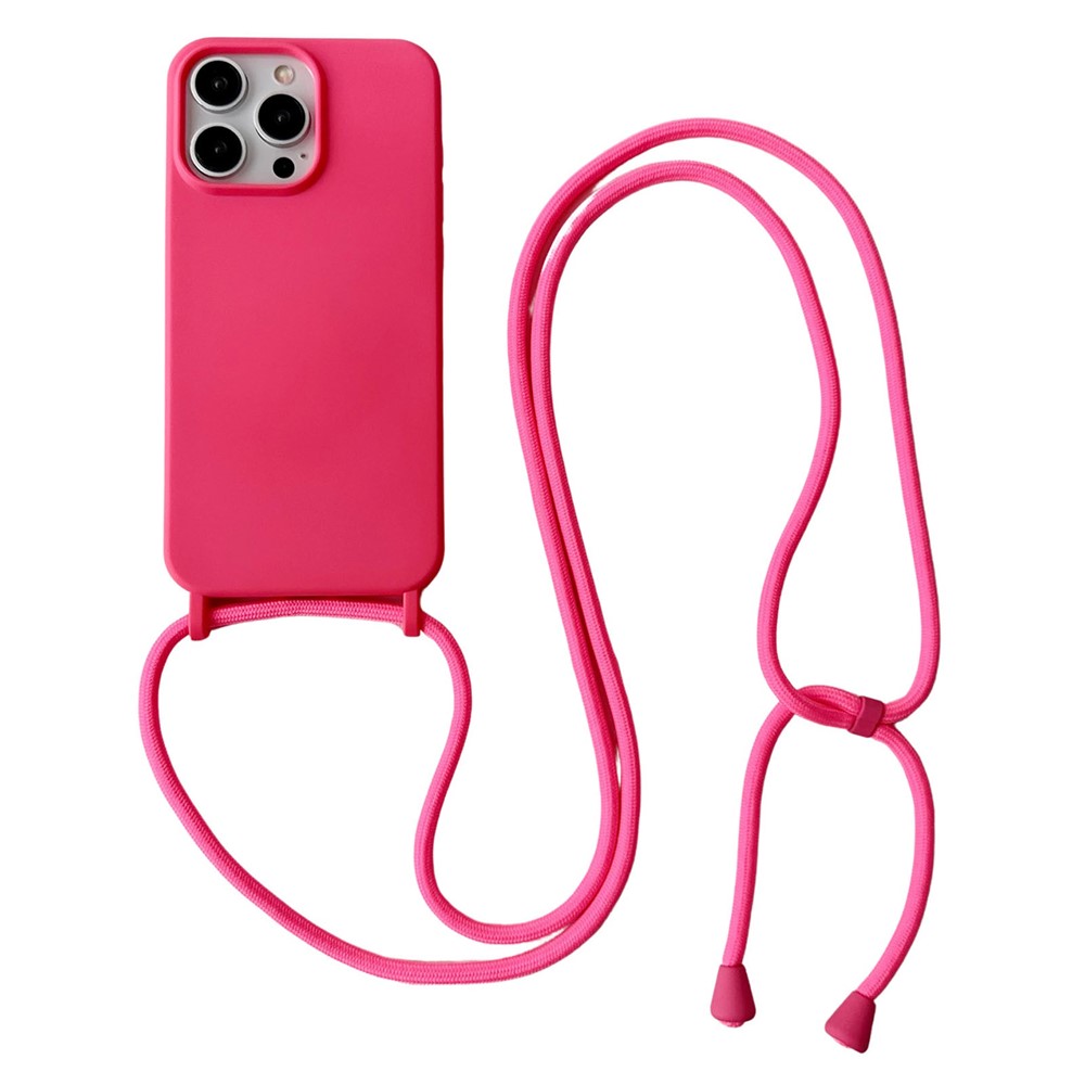 For iPhone 13 Pro Max Liquid Silicone Phone Case with Neck Strap Slim Fit Shockproof Cover - Rose