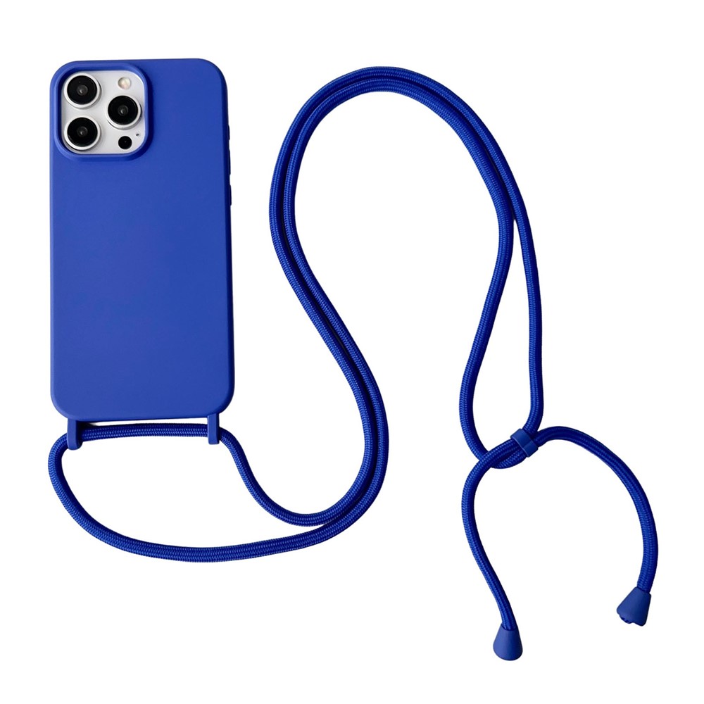 For iPhone 13 Pro Max Liquid Silicone Phone Case with Neck Strap Slim Fit Shockproof Cover - Blue