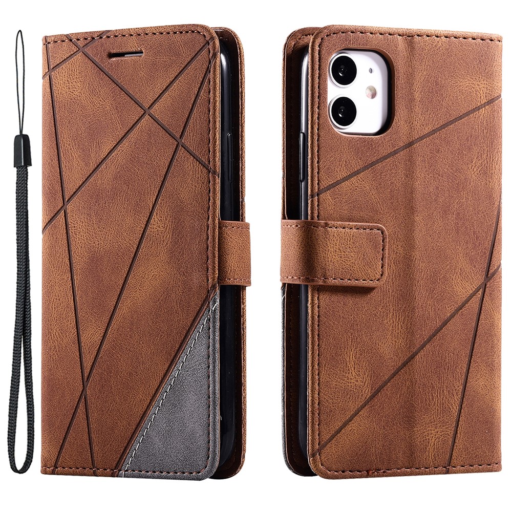 For iPhone 11 Leather Case with Strap Skin-touch Splicing Wallet Phone Cover - Brown