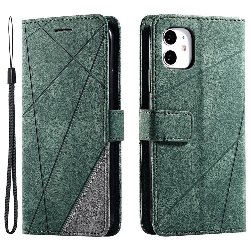 For iPhone 11 Leather Case with Strap Skin-touch Splicing Wallet Phone Cover - Green