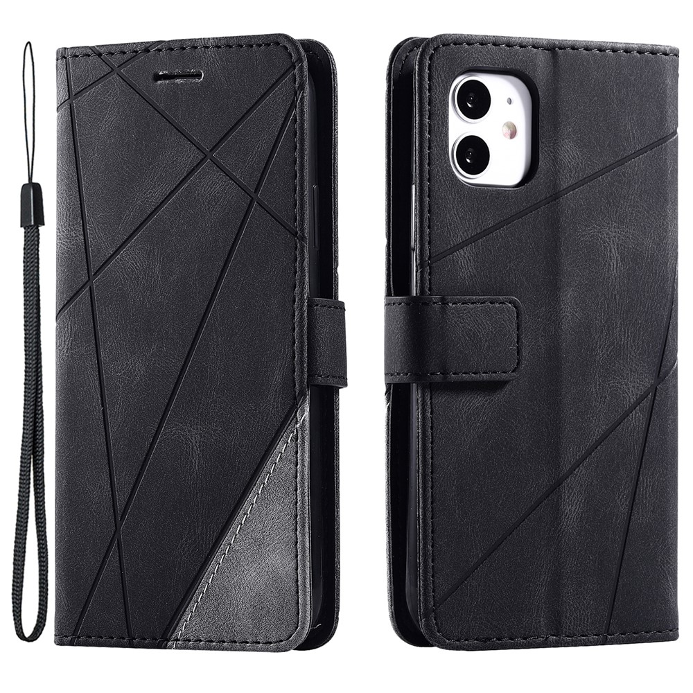 For iPhone 11 Leather Case with Strap Skin-touch Splicing Wallet Phone Cover - Black