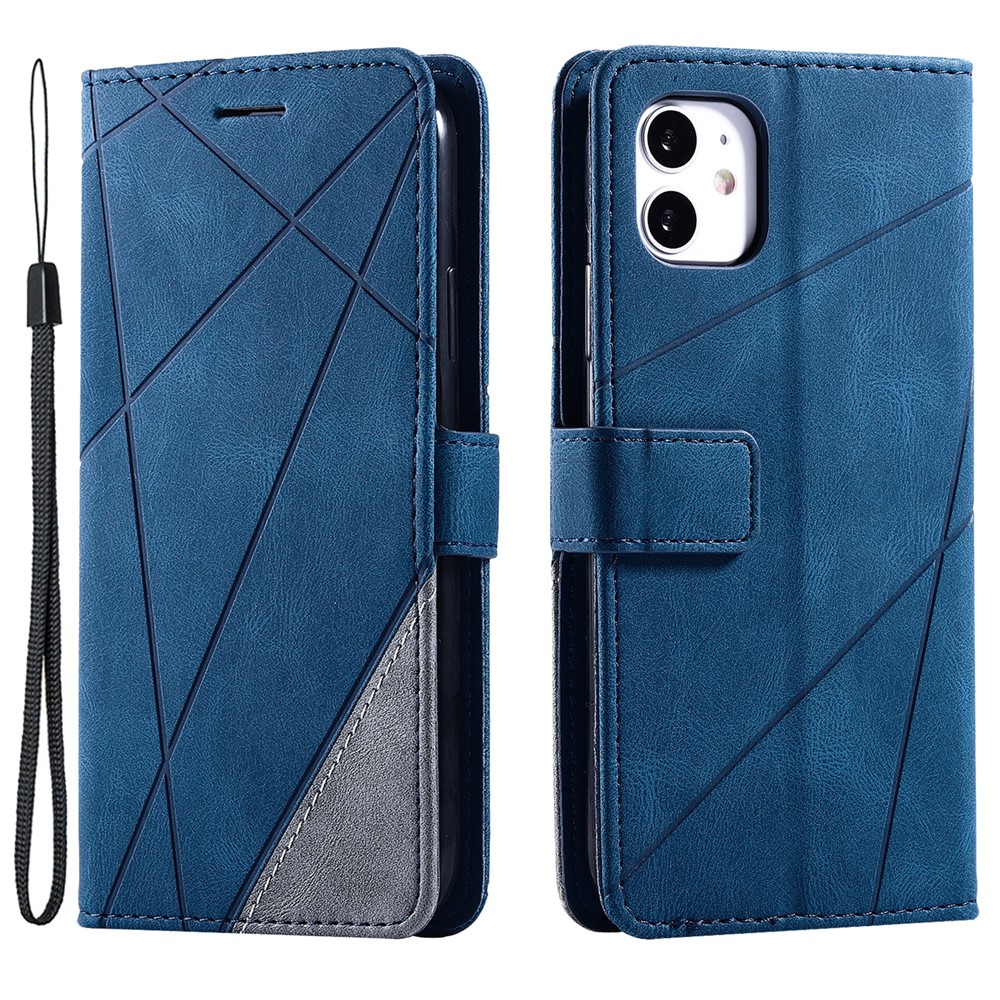 For iPhone 11 Leather Case with Strap Skin-touch Splicing Wallet Phone Cover - Blue