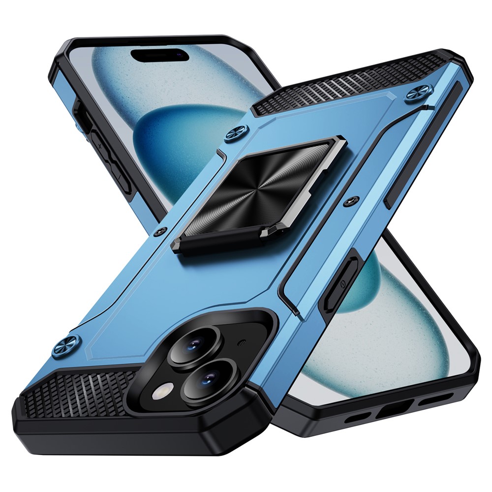 For iPhone 15 Plus Case PC+TPU Ring Holder Kickstand Protective Phone Cover - Navy Blue