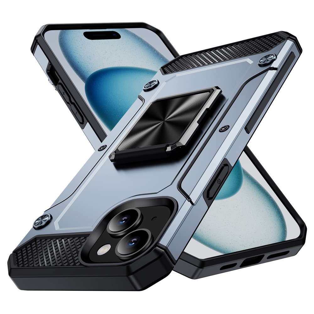 For iPhone 15 Plus Case PC+TPU Ring Holder Kickstand Protective Phone Cover - Grey