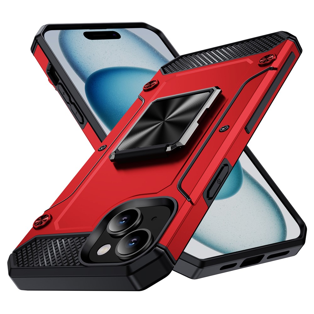 For iPhone 15 Plus Case PC+TPU Ring Holder Kickstand Protective Phone Cover - Red