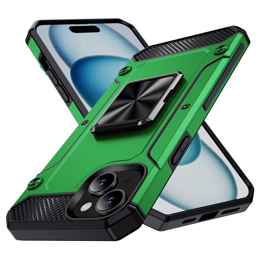 For iPhone 15 Plus Case PC+TPU Ring Holder Kickstand Protective Phone Cover - Green