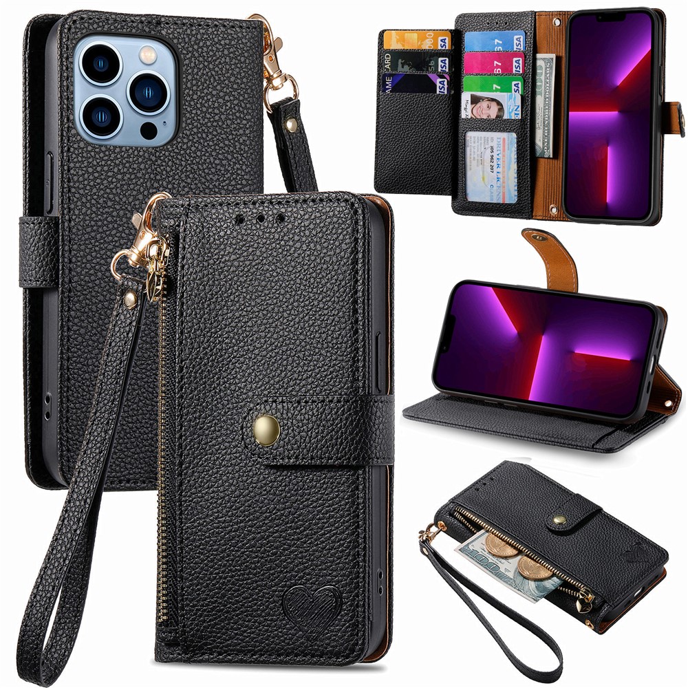 For iPhone 13 Pro Case RFID Blocking Zipper Leather Phone Cover with Wallet Card Slots - Black