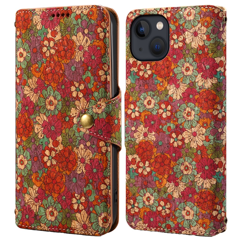 For iPhone 14 Plus Wallet Case Seasonal Flower Printing Phone Leather Cover - Summer / Red