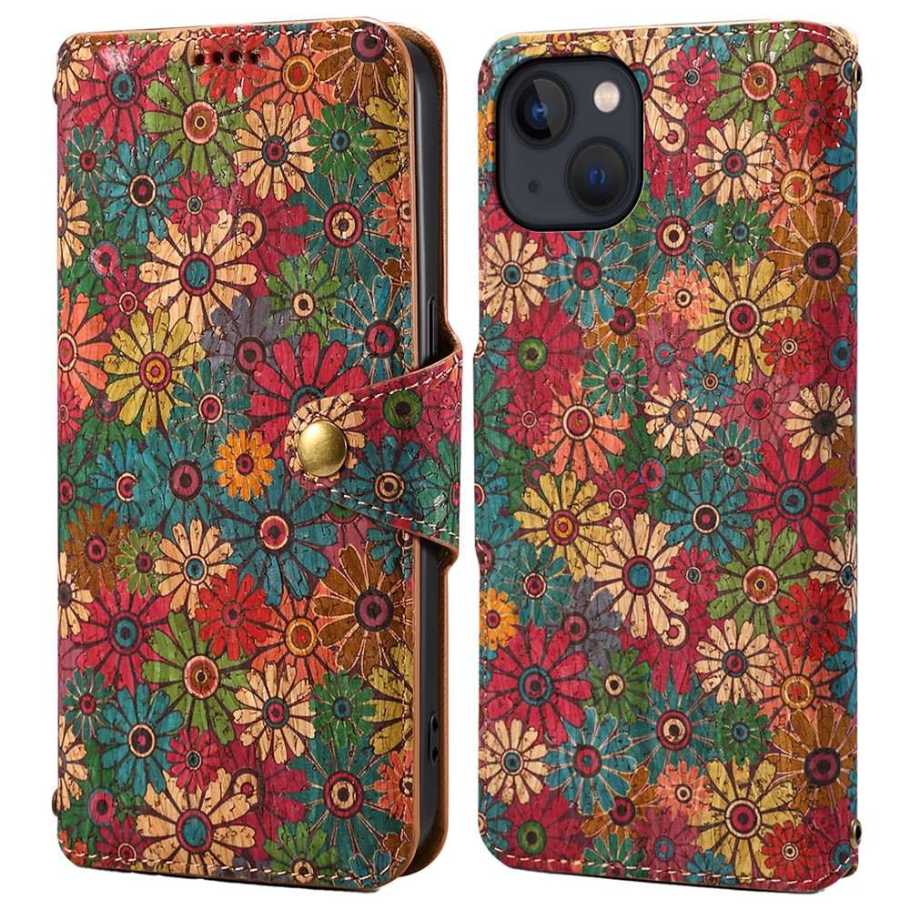 For iPhone 14 Plus Wallet Case Seasonal Flower Printing Phone Leather Cover - Spring / Green