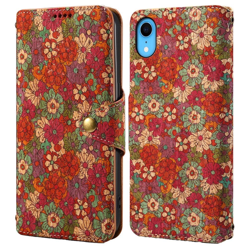 For iPhone XR Leather Case Flower Pattern Printing Phone Cover Wallet Folding Stand - Summer / Red