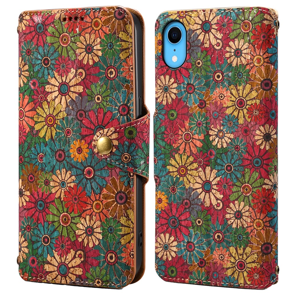For iPhone XR Leather Case Flower Pattern Printing Phone Cover Wallet Folding Stand - Spring / Green