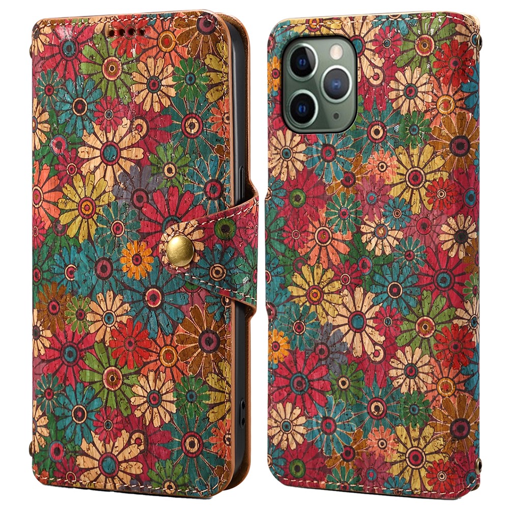 For iPhone 11 Pro Leather Case Floral Printing Stand Wallet Phone Cover - Spring / Green
