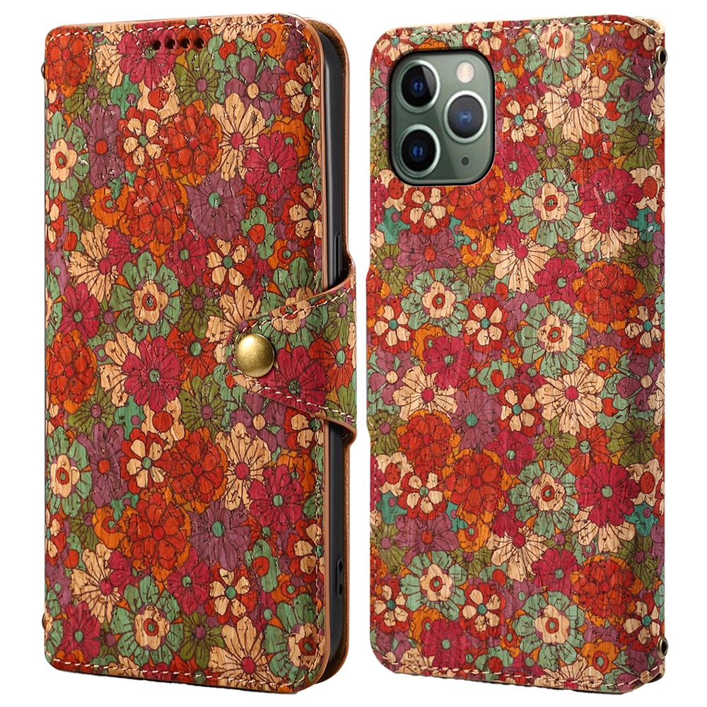 For iPhone 11 Pro Leather Case Floral Printing Stand Wallet Phone Cover - Summer / Red