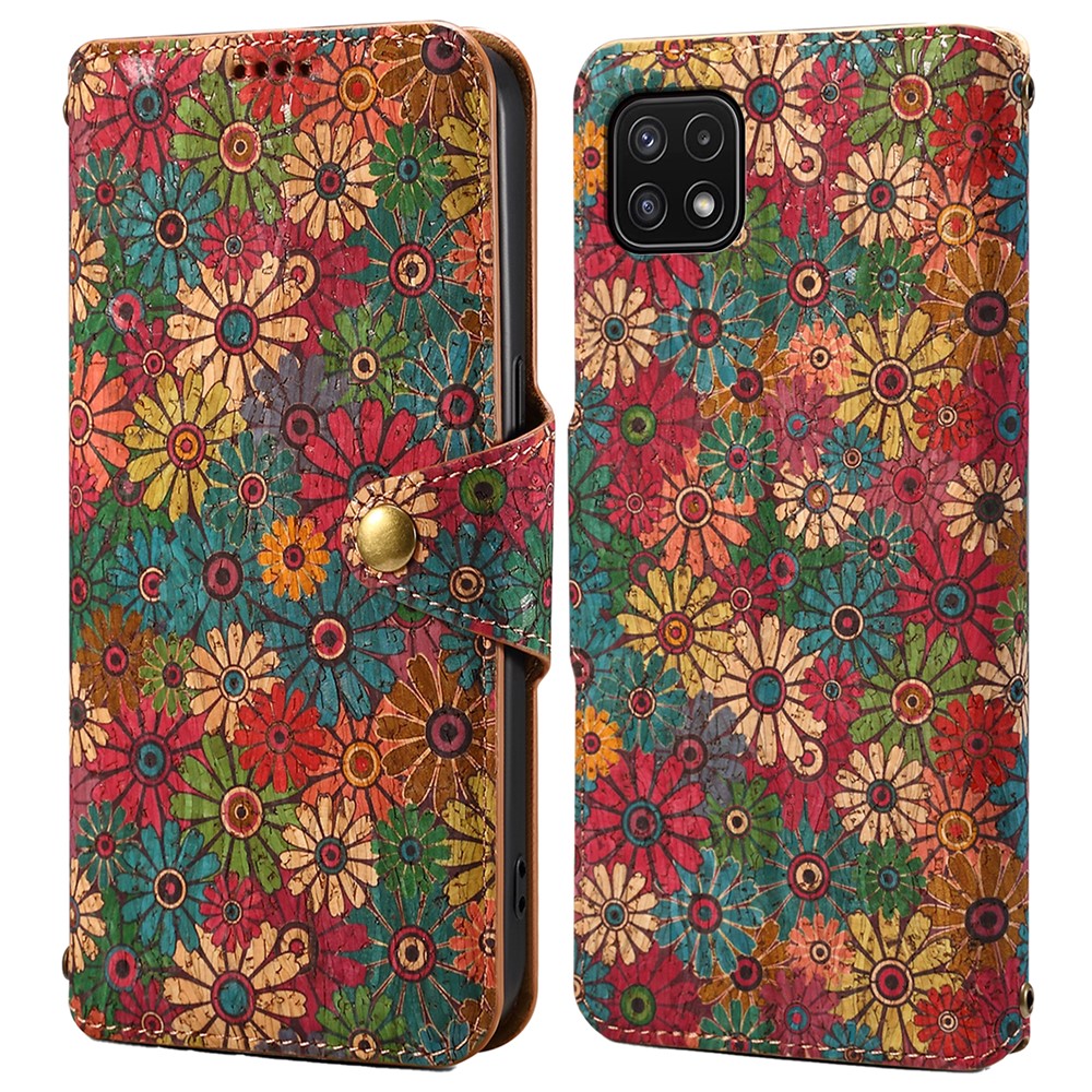 For Samsung Galaxy A22 5G (EU Version) Stand Case Flower Printing Leather Wallet Phone Cover - Spring / Green