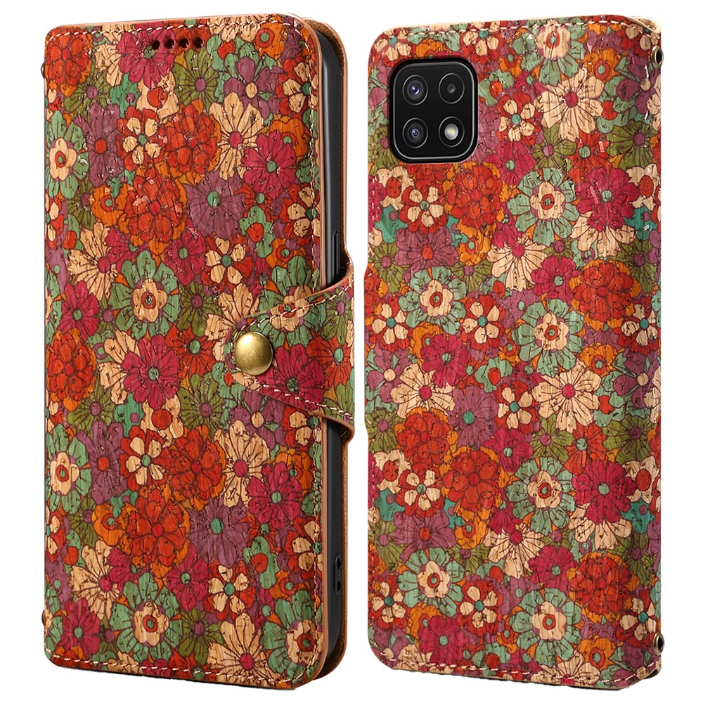 For Samsung Galaxy A22 5G (EU Version) Stand Case Flower Printing Leather Wallet Phone Cover - Summer / Red