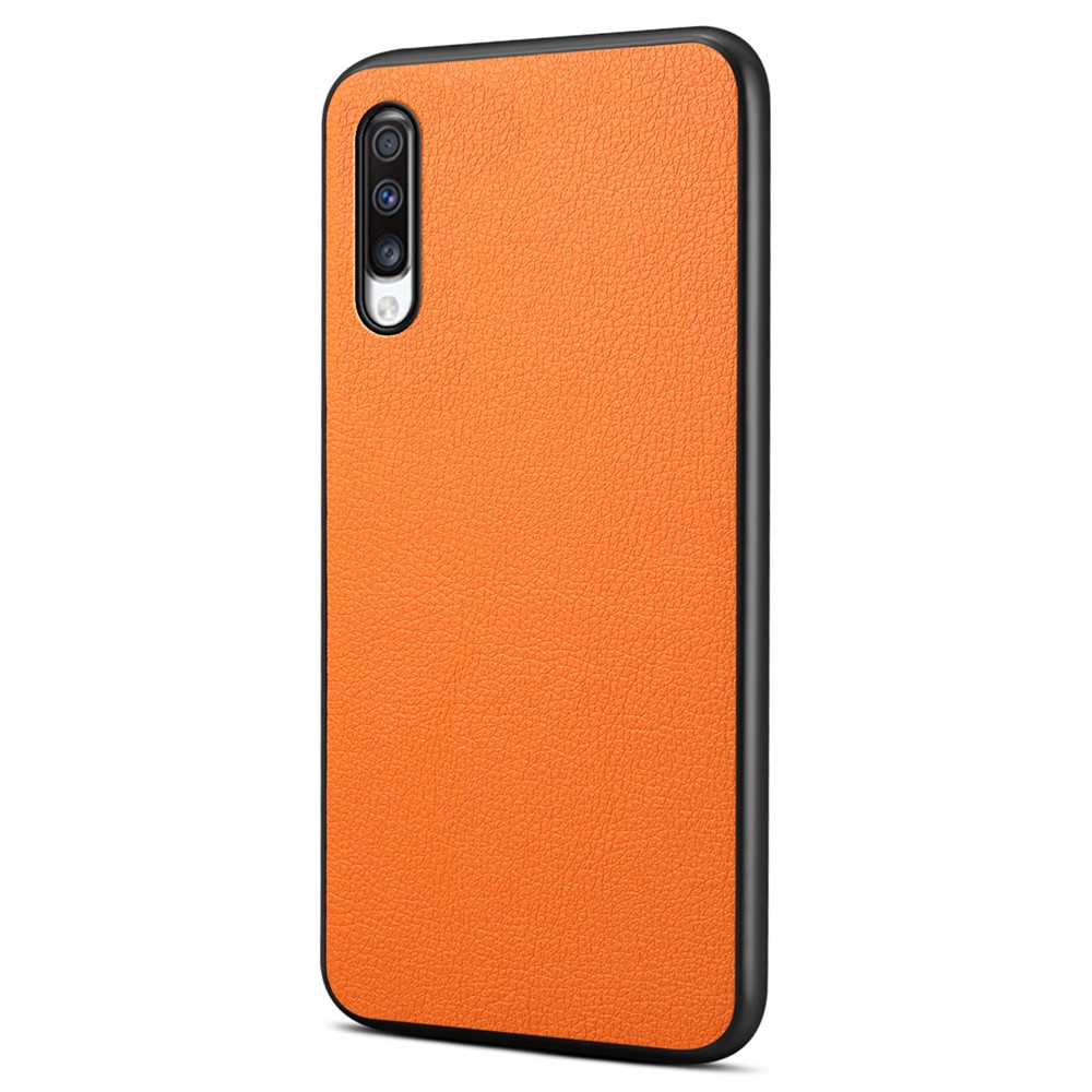For Samsung Galaxy A70 Case PU Leather Drop Protection Phone Cover with Calf Texture - Orange