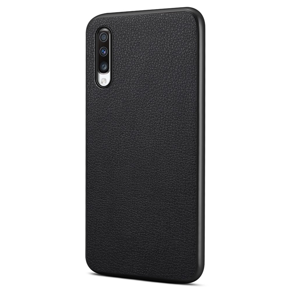 For Samsung Galaxy A70 Case PU Leather Drop Protection Phone Cover with Calf Texture - Black