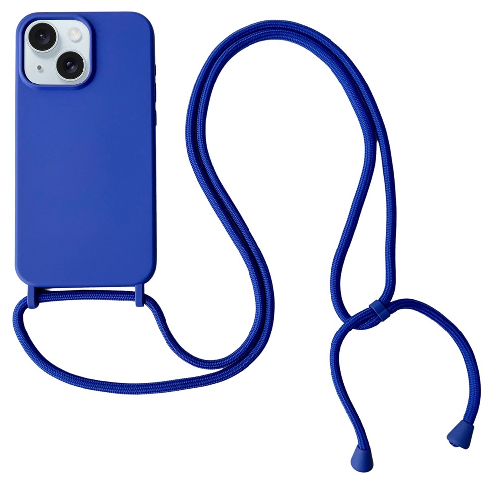 For iPhone 14 Plus Case Liquid Silicone Smooth Phone Cover with Adjustable Lanyard - Blue