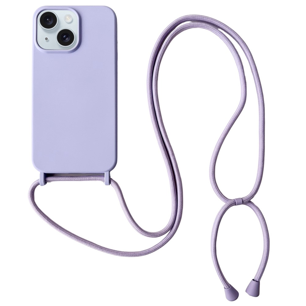 For iPhone 14 Plus Case Liquid Silicone Smooth Phone Cover with Adjustable Lanyard - Purple