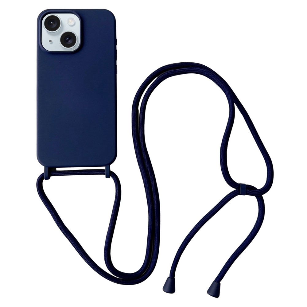 For iPhone 14 Plus Case Liquid Silicone Smooth Phone Cover with Adjustable Lanyard - Dark Blue
