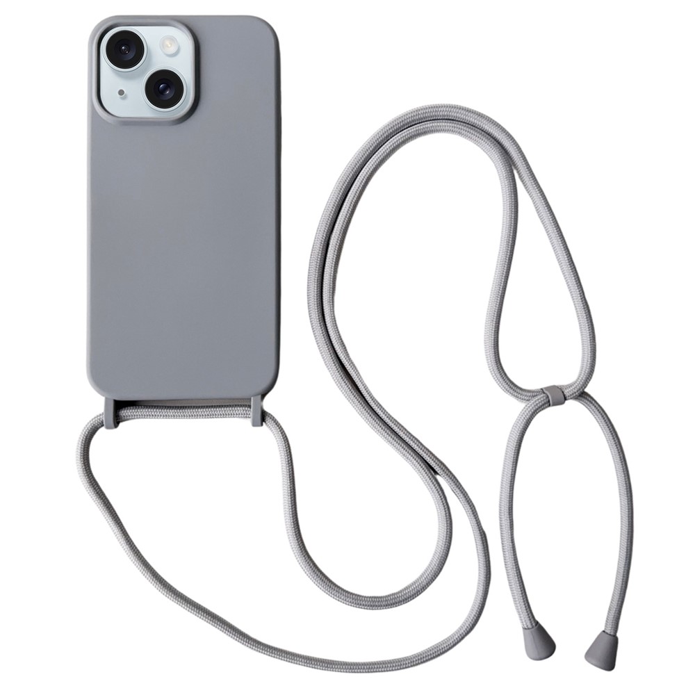 For iPhone 14 Plus Case Liquid Silicone Smooth Phone Cover with Adjustable Lanyard - Grey