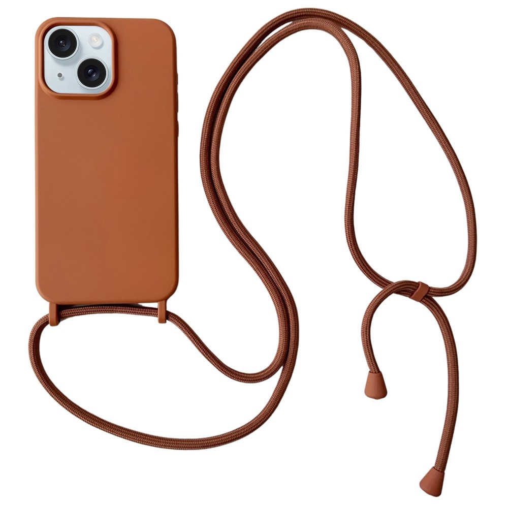 For iPhone 14 Plus Case Liquid Silicone Smooth Phone Cover with Adjustable Lanyard - Brown