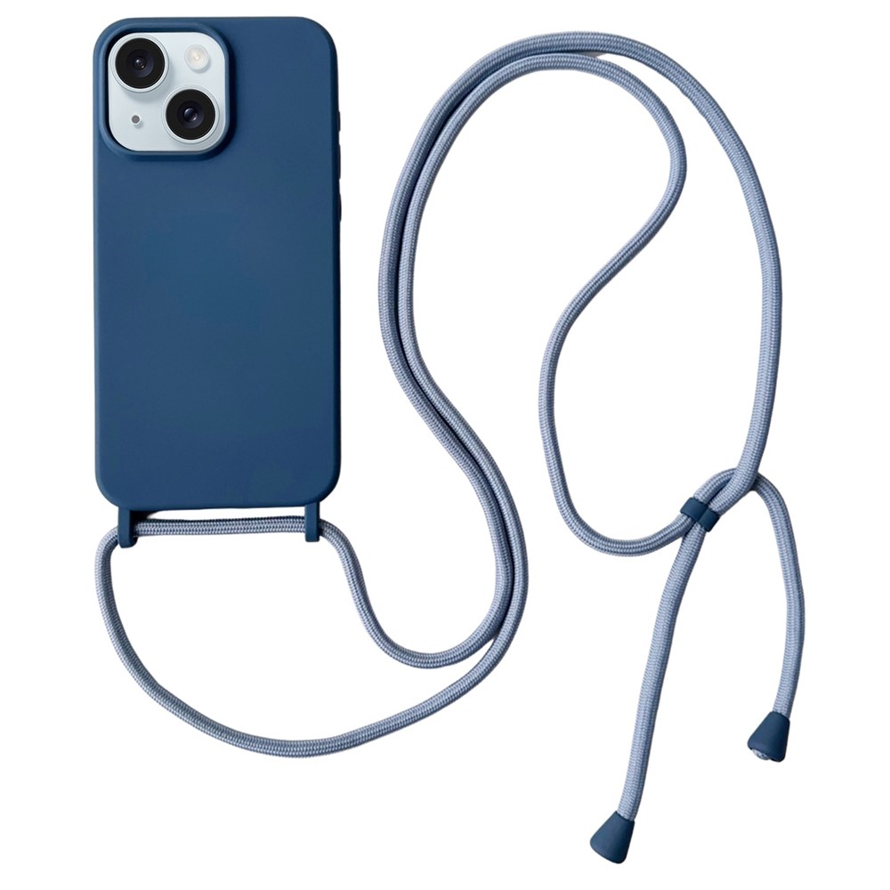 For iPhone 14 Plus Case Liquid Silicone Smooth Phone Cover with Adjustable Lanyard - Navy Blue