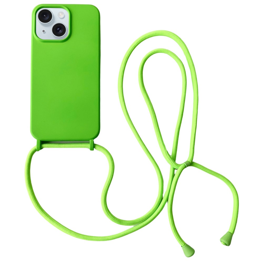 For iPhone 14 Plus Case Liquid Silicone Smooth Phone Cover with Adjustable Lanyard - Green