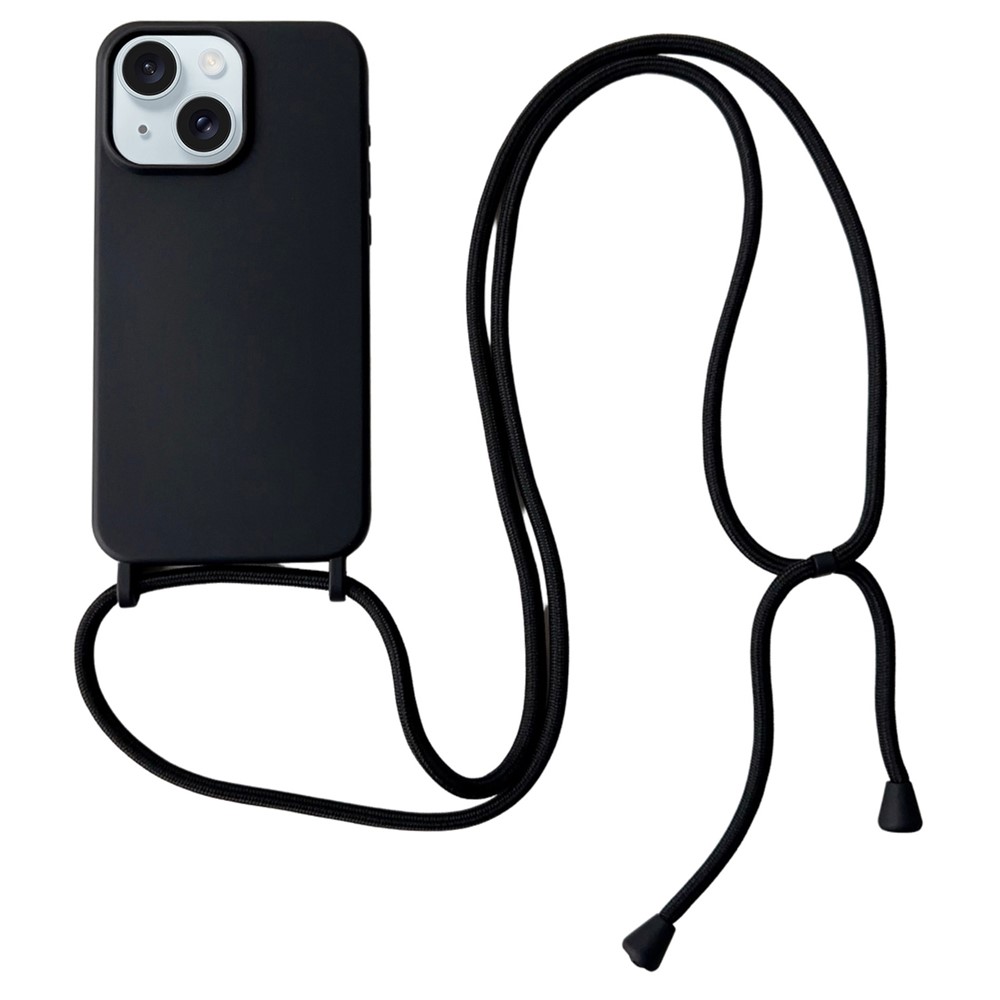 For iPhone 14 Plus Case Liquid Silicone Smooth Phone Cover with Adjustable Lanyard - Black