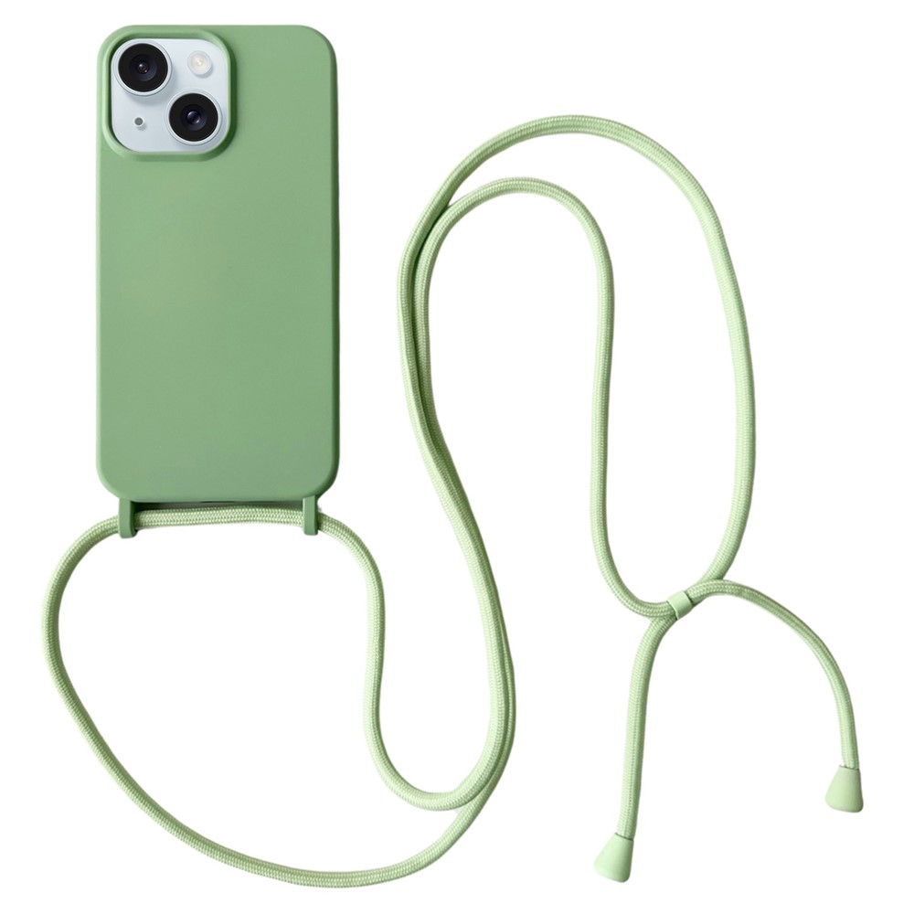 For iPhone 15 Plus Case Hands-Free Liquid Silicone Phone Cover with Lanyard Rope - Light Green