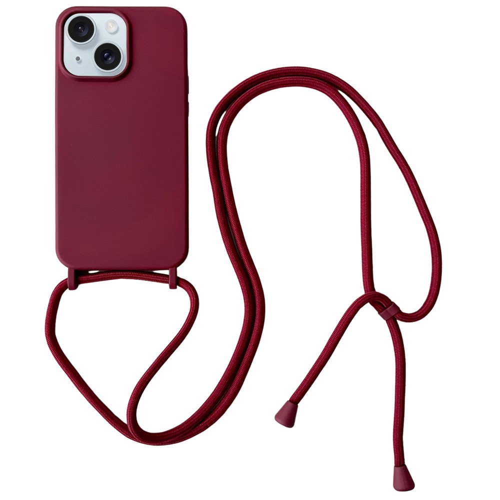 For iPhone 15 Plus Case Hands-Free Liquid Silicone Phone Cover with Lanyard Rope - Wine Red