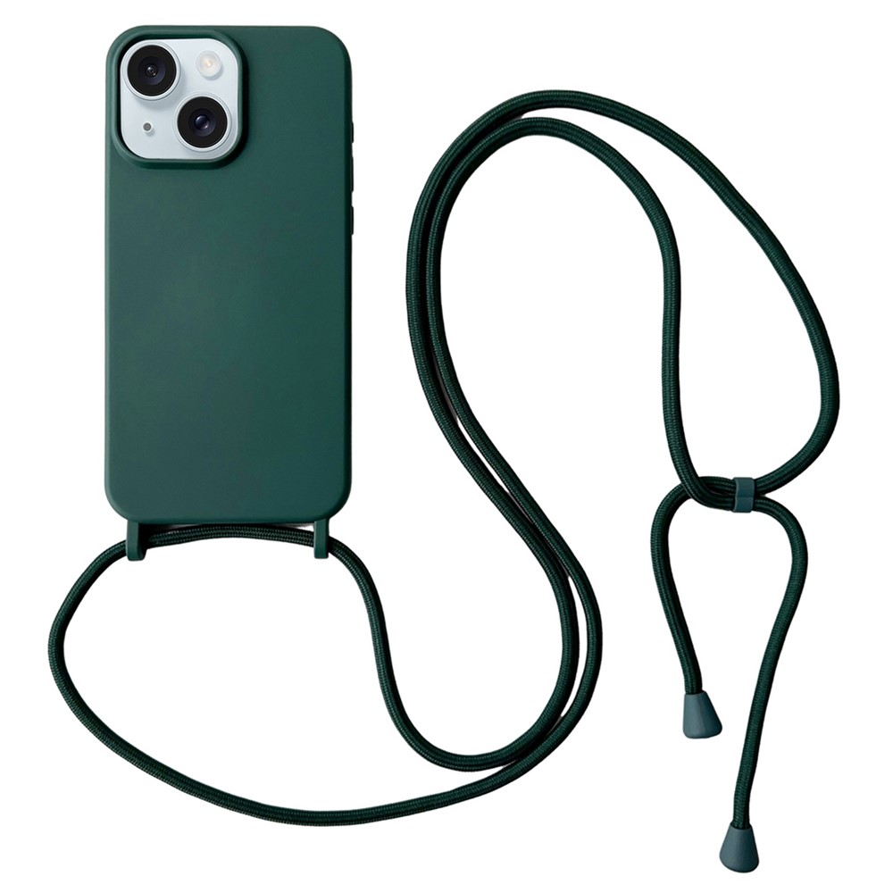 For iPhone 15 Plus Case Hands-Free Liquid Silicone Phone Cover with Lanyard Rope - Blackish Green