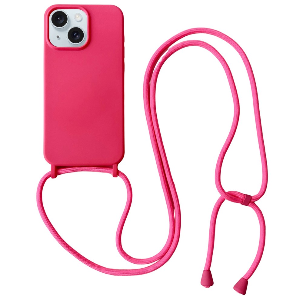 For iPhone 15 Plus Case Hands-Free Liquid Silicone Phone Cover with Lanyard Rope - Rose