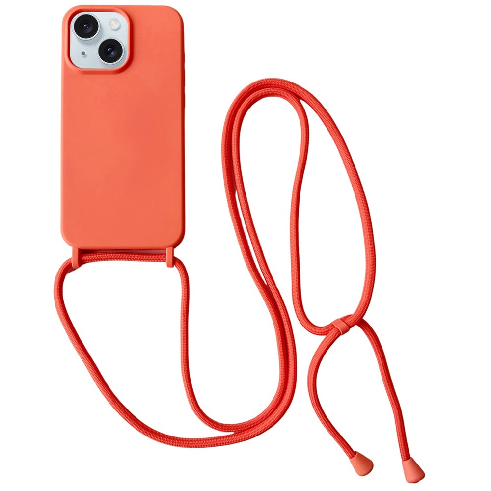 For iPhone 15 Plus Case Hands-Free Liquid Silicone Phone Cover with Lanyard Rope - Orange