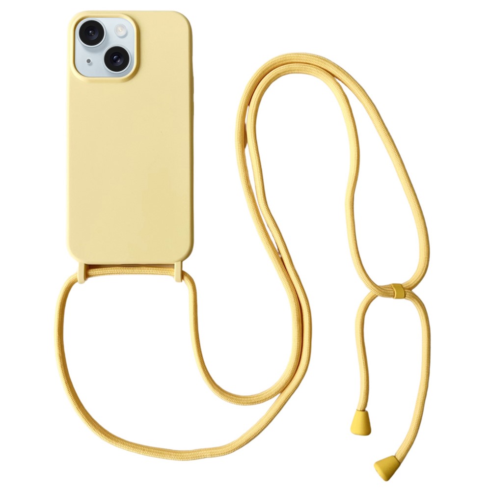 For iPhone 15 Plus Case Hands-Free Liquid Silicone Phone Cover with Lanyard Rope - Yellow