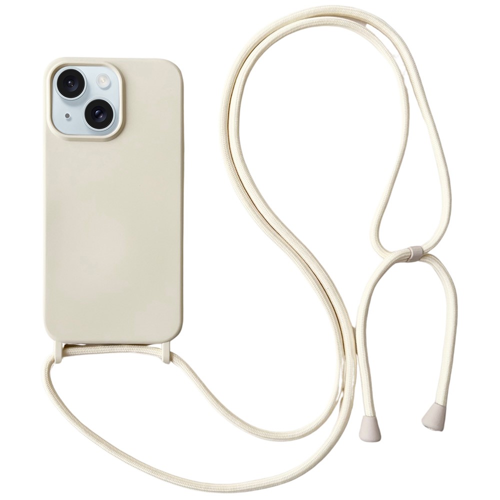For iPhone 15 Plus Case Hands-Free Liquid Silicone Phone Cover with Lanyard Rope - Beige