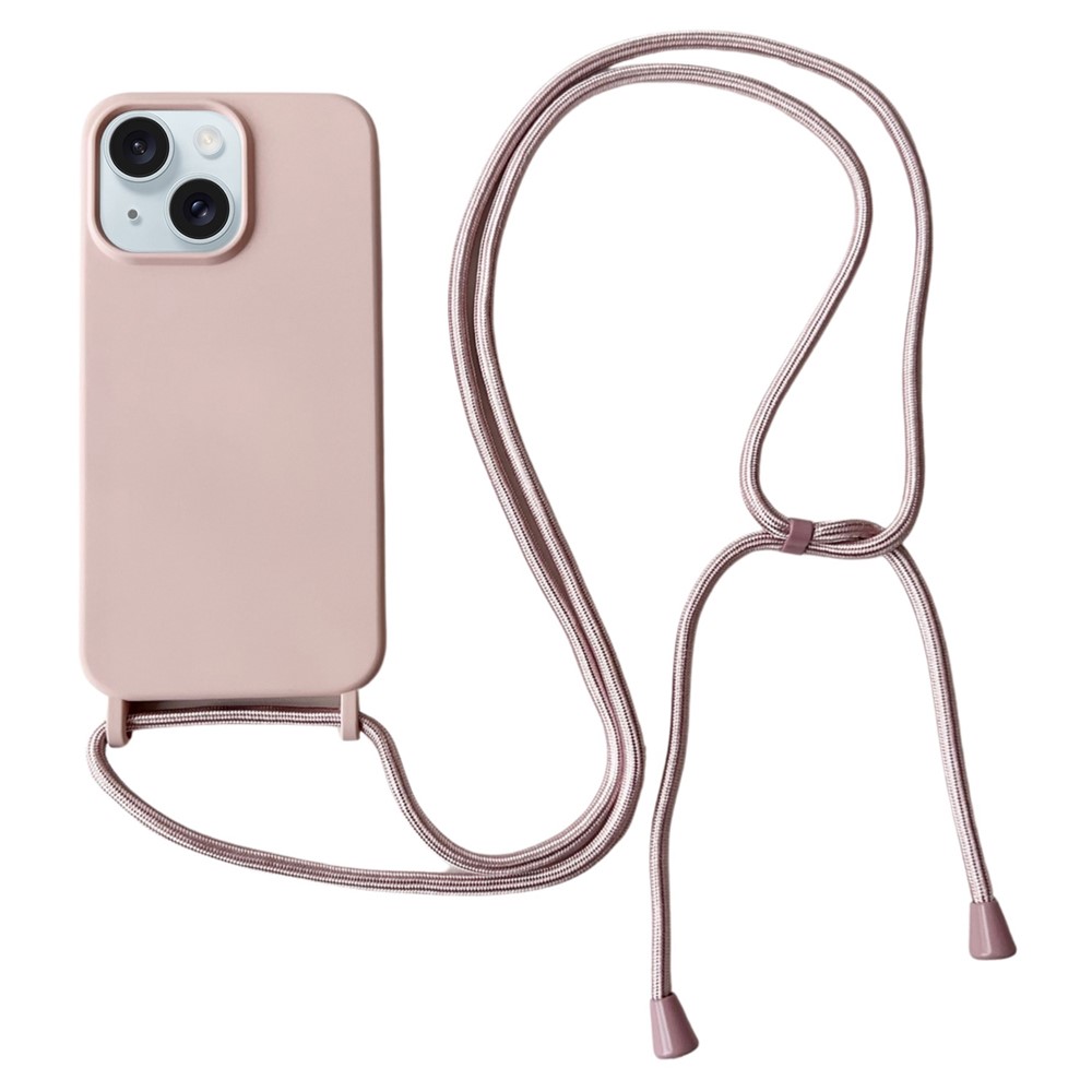 For iPhone 15 Plus Case Hands-Free Liquid Silicone Phone Cover with Lanyard Rope - Pink