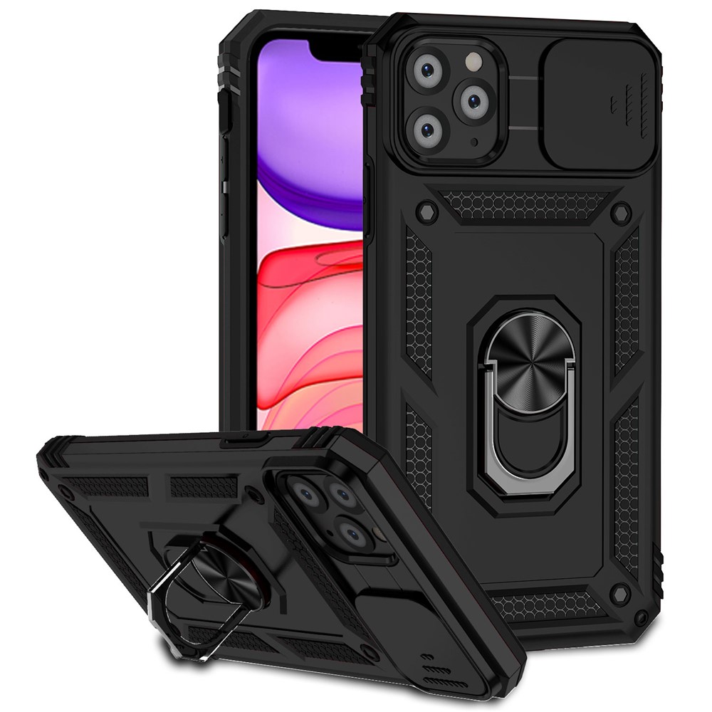 For iPhone 11 Pro Case Kickstand PC+TPU Hybrid Phone Shell with Camera Slide Cover -  Black