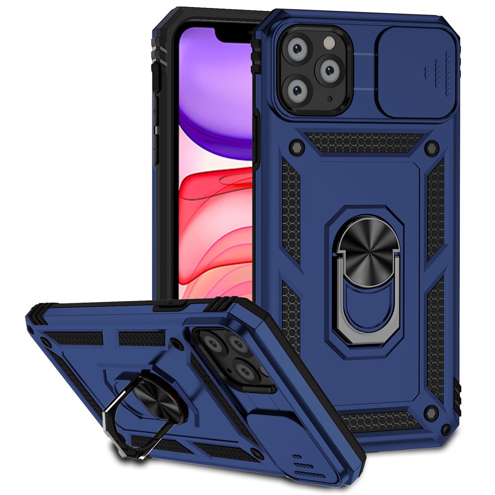 For iPhone 11 Pro Case Kickstand PC+TPU Hybrid Phone Shell with Camera Slide Cover -  Blue