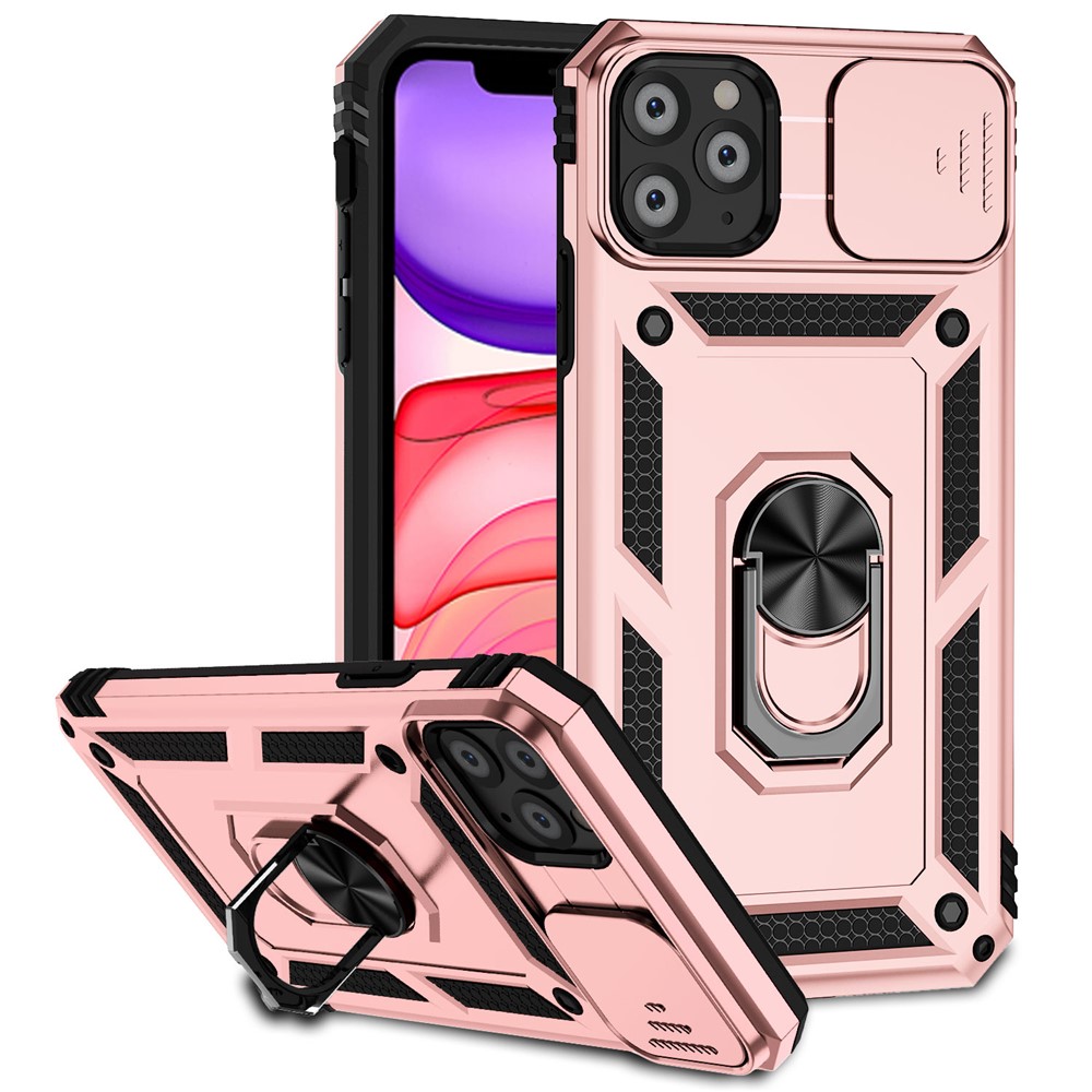For iPhone 11 Pro Case Kickstand PC+TPU Hybrid Phone Shell with Camera Slide Cover -  Rose Gold