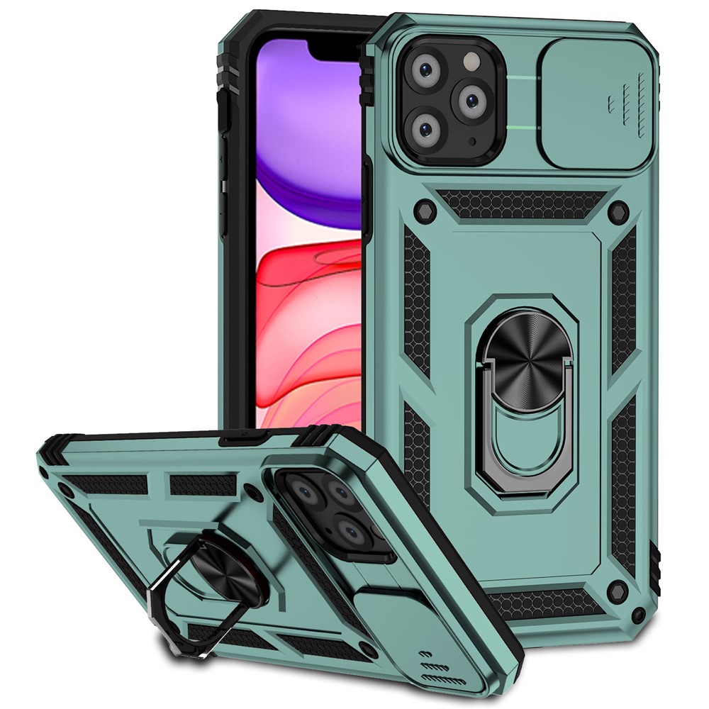 For iPhone 11 Pro Case Kickstand PC+TPU Hybrid Phone Shell with Camera Slide Cover -  Blackish Green