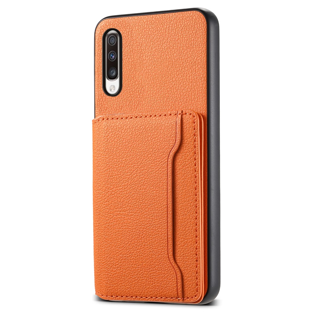 For Samsung Galaxy A70 Case Card Slots TPU+PC+PU Kickstand Phone Cover - Orange
