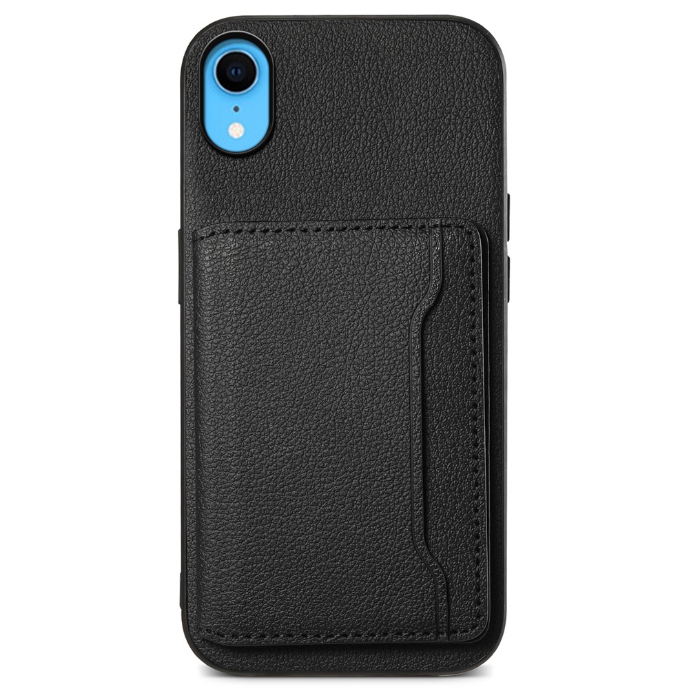 For iPhone XR Case Kickstand Calf Texture PU Leather Coating Phone Cover - Black