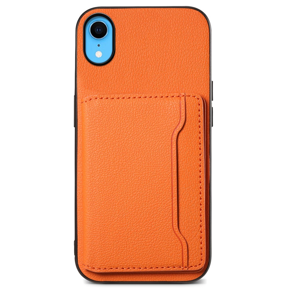 For iPhone XR Case Kickstand Calf Texture PU Leather Coating Phone Cover - Orange