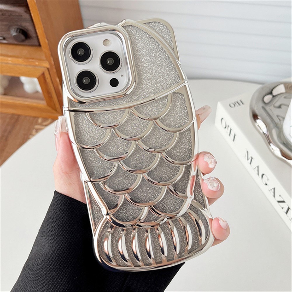 For iPhone 13 Pro Max TPU Case Glitter Sparkle Chubby Fish Design Phone Cover - Silver